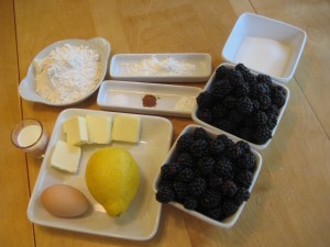 Ingredients assembled to make fresh blackberry cobbler