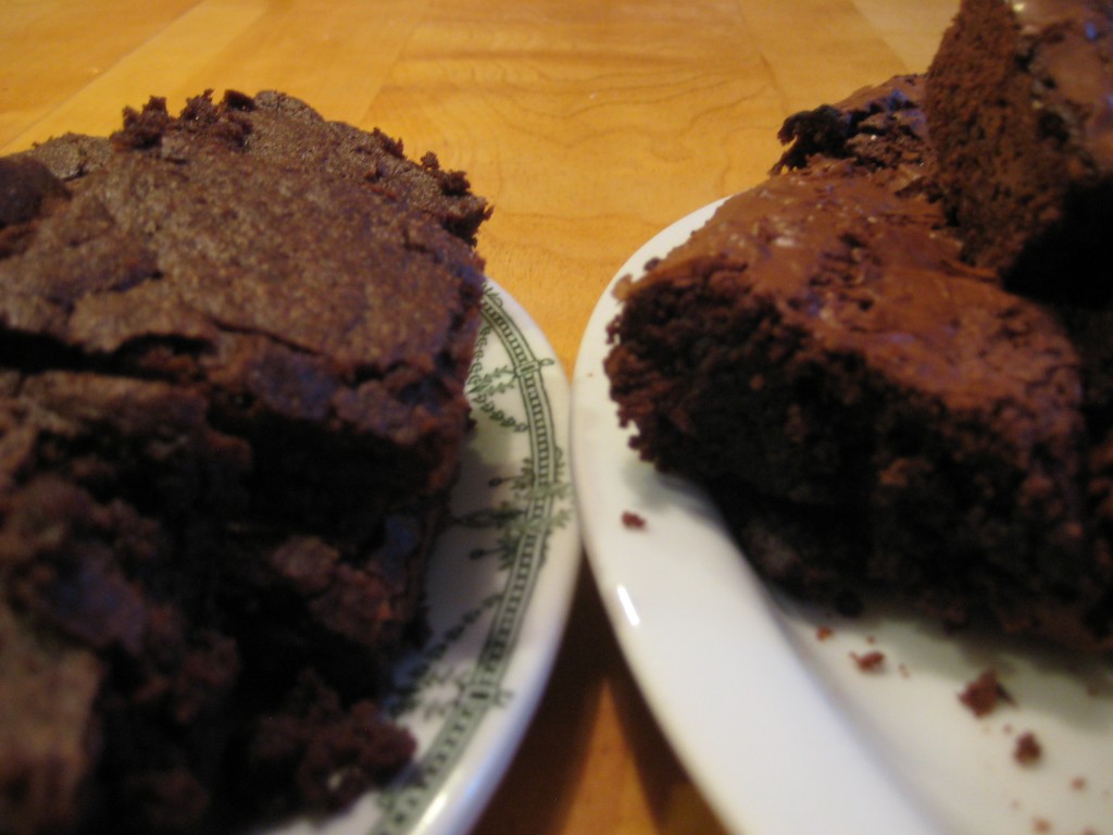 Homemade brownies on the left, brownies from a mix on the right