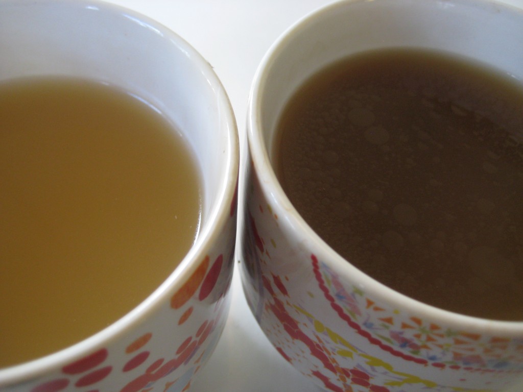 Swanson boxed chicken broth on the left, homemade on the right