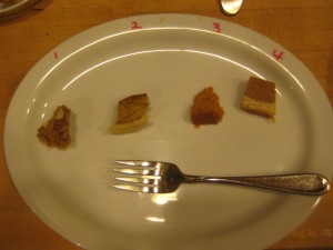 Pie testing plate, from left:  canned pumpkin pie, fresh pumpkin pie, pre-mixed filling pie, store bought pie