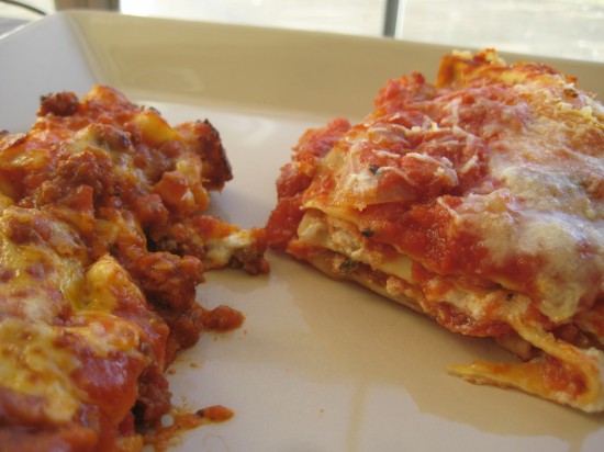 Pizza Hut Lasagna on the left, homemade on the right