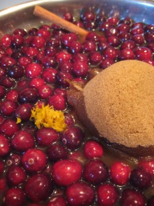 Cranberry sauce ingredients in the pan