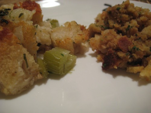 Homemade stuffing on the left, Stove Top on the right