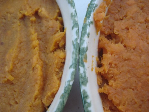 Canned sweet potatoes on left, fresh on the right