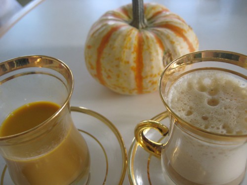 Starbucks Pumpkin Spice Latte on the left, homemade pumpkin latte on the right