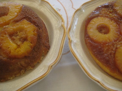 Homemade pineapple upside-down cake on the left, from a mix on the right