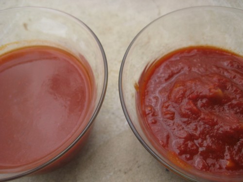 Old El Paso Enchilada sauce on the left, homemade on the right