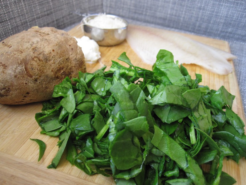 Ingredients for baby fishcakes: Spinach, tilapia, parmesan, greek yogurt and baked potato.