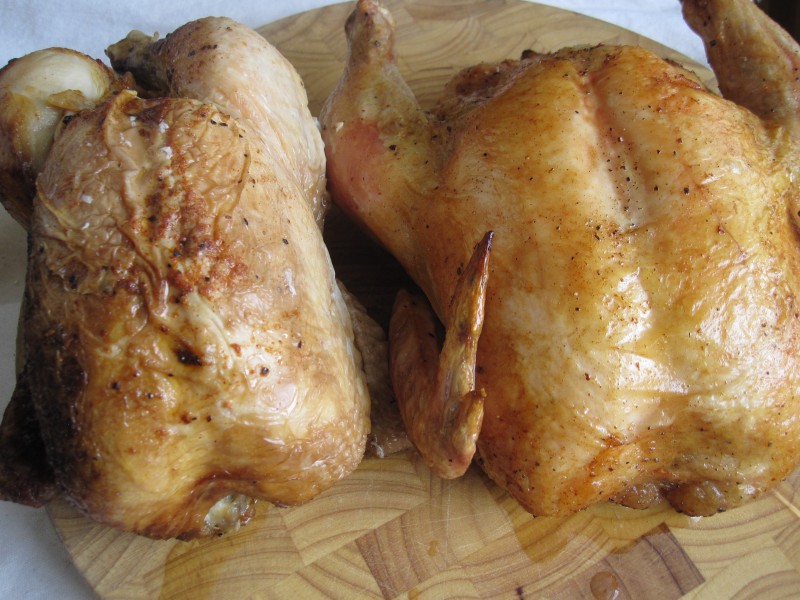 Store bought rotisserie chicken on the left, home roasted garlic butter chicken on the right